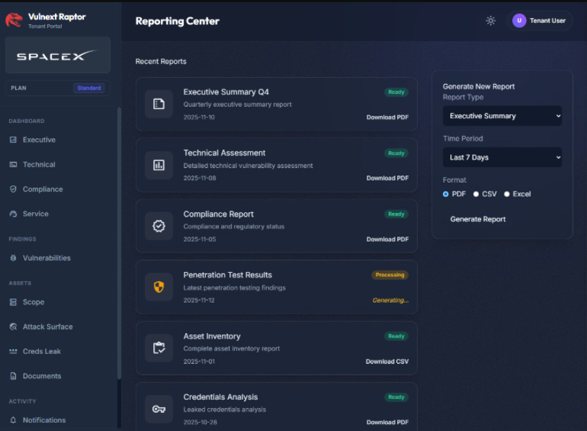 Reporting Center de Raptor con el listado de reportes recientes y panel de generación de nuevos informes.